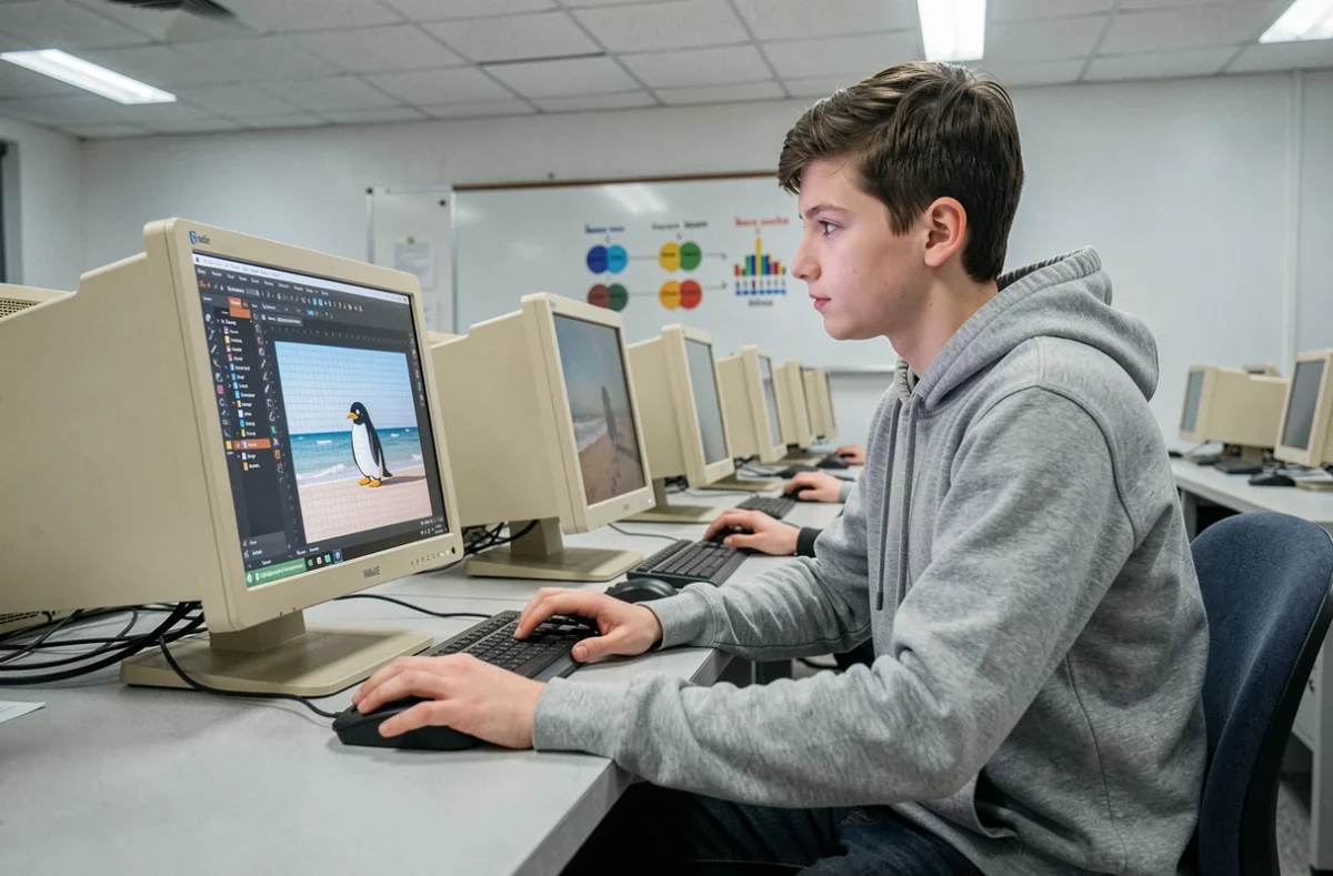 Adolescent concentré réalisant l'exercice Manchot Plage Pix sur un ordinateur dans une salle informatique scolaire