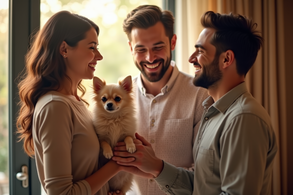 Famille souriante accueillant un chiot chihuahua à la maison