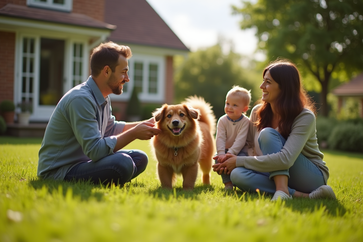 Famille disant au revoir à leur chien dans un jardin ensoleille