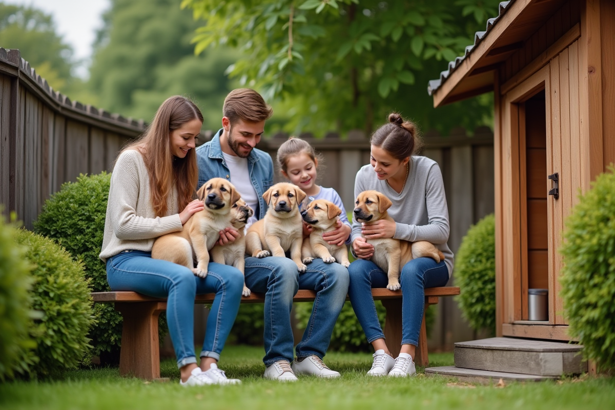 Famille avec chiots dans un jardin verdoyant