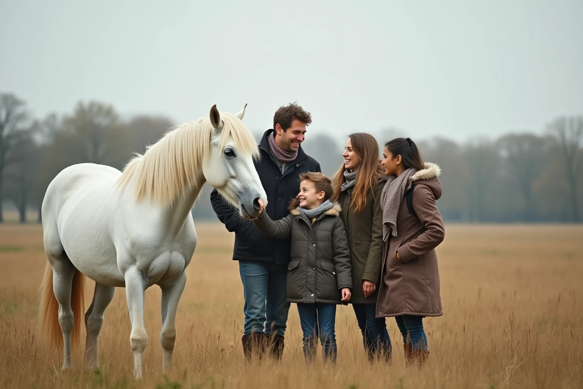 Famille de quatre personnes avec un cheval blanc camargue dans un pré automnal, illustration d'une sortie nature inspirée des films sur les chevaux