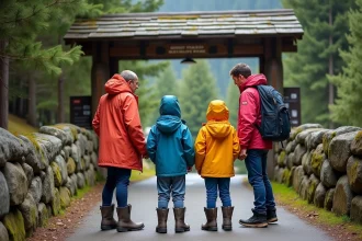 Famille avec enfants à l'entrée d'un parc animalier en Savoie entourée de forêt alpine