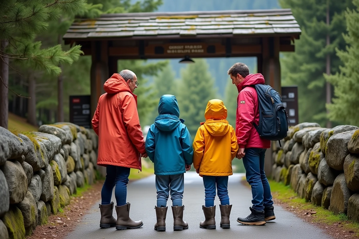 Famille avec enfants à l'entrée d'un parc animalier en Savoie entourée de forêt alpine