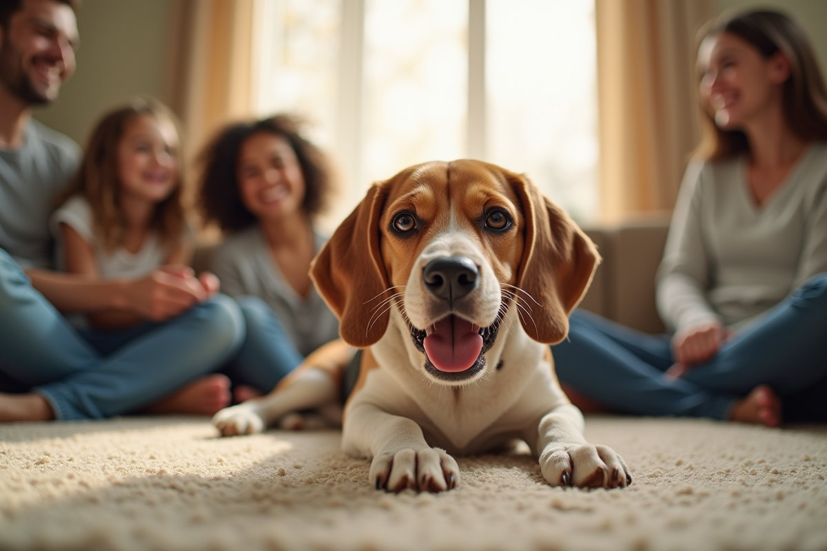Famille relaxant avec un beagle dans le salon
