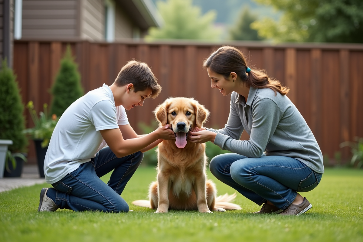 Famille vérifiant les oreilles de leur chien dans le jardin