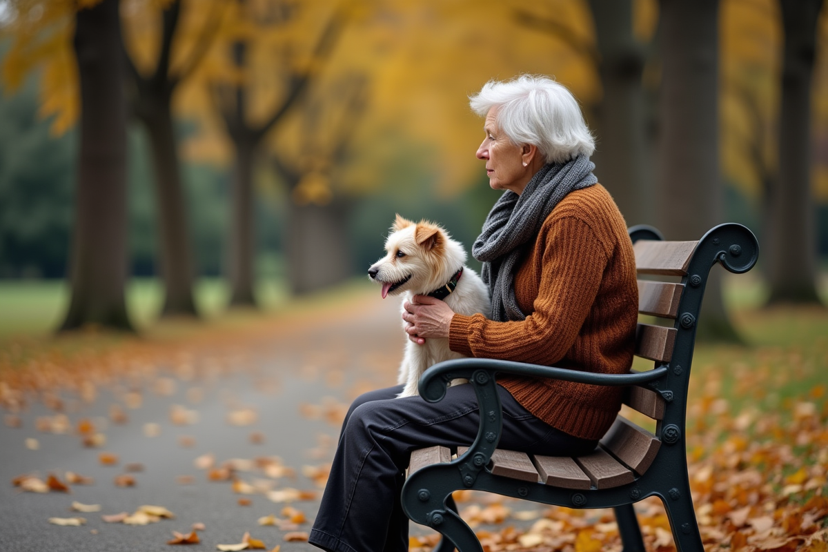 Femme âgée avec chien dans un parc automnal