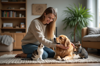 Jeune femme avec animaux dans un salon chaleureux