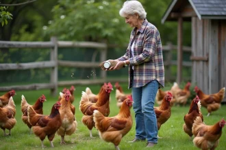 Femme nourrissant des poules avec des compléments bio