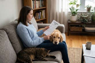 Femme avec chat et chien sur canapé pour assurance