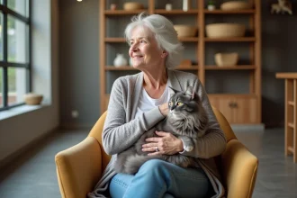 Femme âgée tenant un chat angora gris dans un refuge