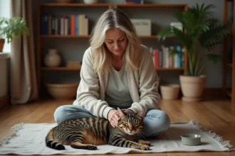 Femme assise avec son chat endormi dans un salon chaleureux