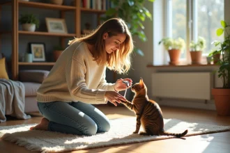 Jeune femme jouant avec un chat egyptien Mau dans un salon lumineux