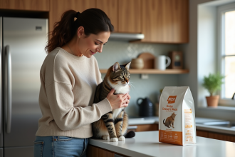 Femme avec chat dans une cuisine lumineuse et moderne