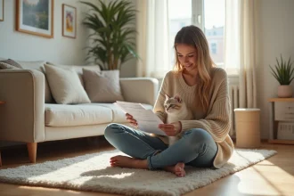 Jeune femme avec chaton birman dans un salon lumineux