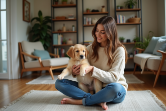 Jeune femme avec un chiot golden retriever dans un salon chaleureux