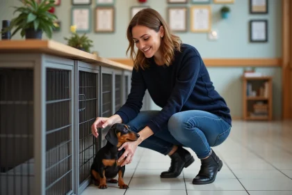 Femme caressant un chiot dachshund dans un chenil propre