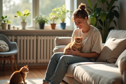 Femme tenant un chaton orange dans un salon lumineux