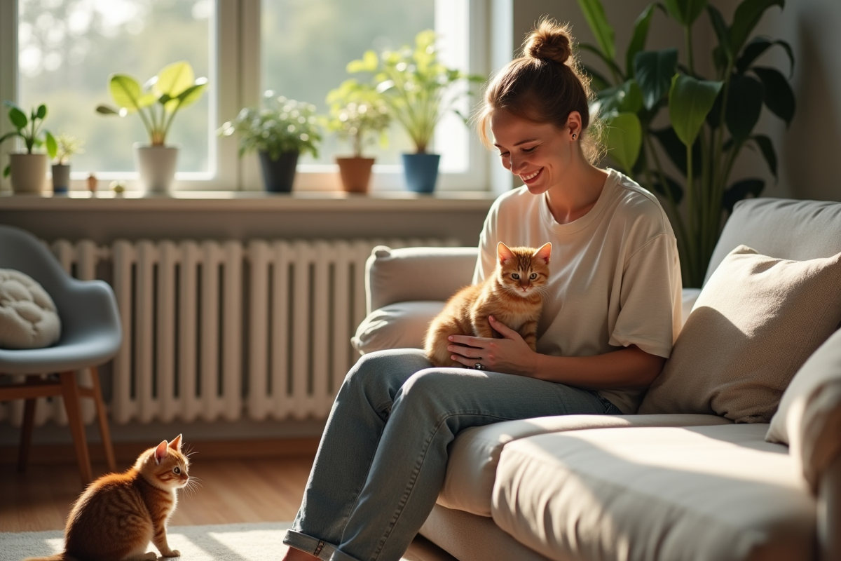 Femme tenant un chaton orange dans un salon lumineux