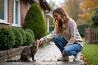 Jeune femme avec chat dans un jardin automnal