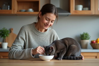 Femme caressant un chat diabétique dans la cuisine chaleureuse