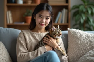 Femme et chat domestique dans un salon chaleureux