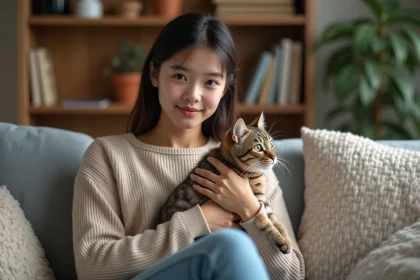 Femme et chat domestique dans un salon chaleureux