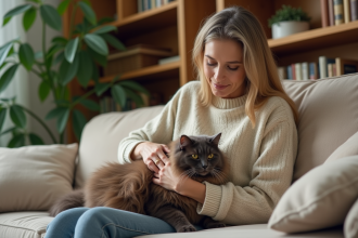 Femme caressant un chat longhair sur son fauteuil