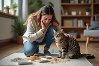 Femme inspectant différents types de litière pour chat