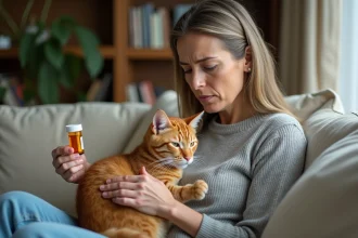 Femme d'âge mûr tenant son chat roux et un flacon de Metacam, inquiète des effets à long terme du traitement anti-inflammatoire