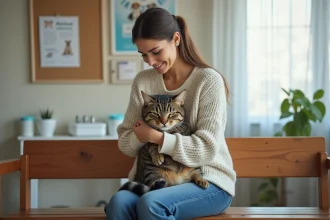 Femme avec chat domestique dans un cabinet vétérinaire