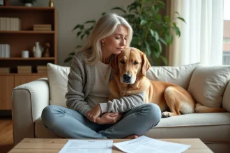 Femme tenant son golden retriever dans ses bras en regardant une facture vétérinaire et des documents d'assurance chien sur une table basse