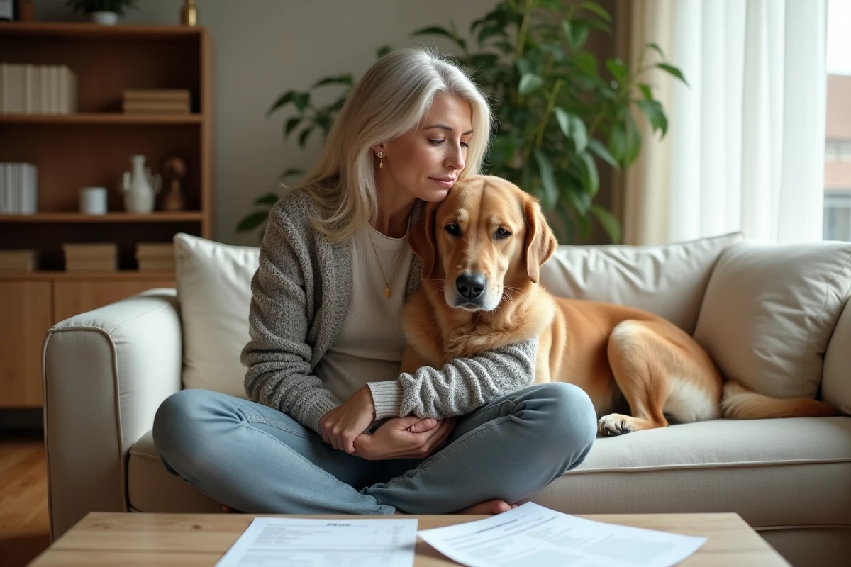 Femme tenant son golden retriever dans ses bras en regardant une facture vétérinaire et des documents d'assurance chien sur une table basse