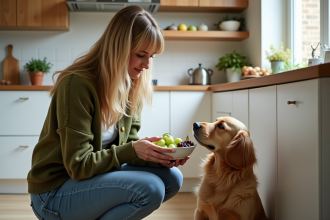 Femme et chien dans la cuisine moderne avec fruits et légumes