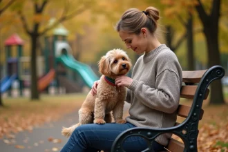 Femme avec chien hypoallergenique dans un parc en automne