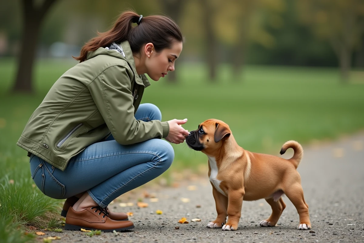 Femme en train d'interagir avec un chiot Pocket American Bully fauve dans un parc