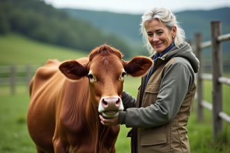 Femme caressant une vache dans un pré verdoyant