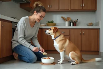Femme en cuisine donnant à manger à son chien