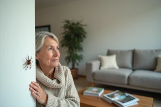Femme curieuse remarque une araignee dans son salon