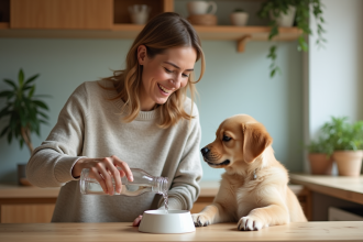 Femme remplissant un bol à chien dans une cuisine chaleureuse