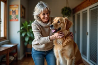 Femme brossant un grand chien dans un refuge animalier