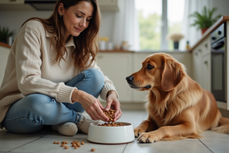 Femme préparant de la nourriture pour chien dans la cuisine
