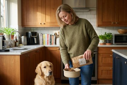 Femme versant de la nourriture pour chien dans un bol