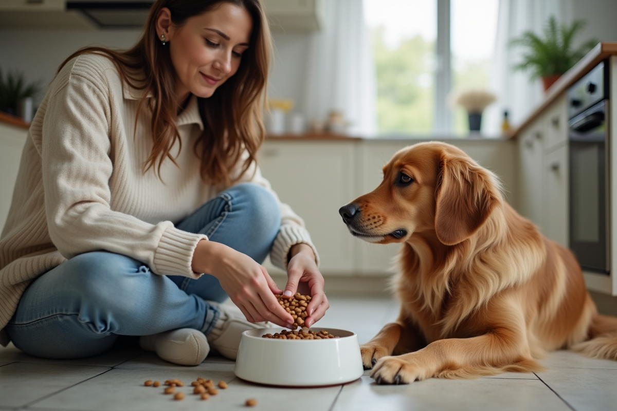 Femme préparant de la nourriture pour chien dans la cuisine