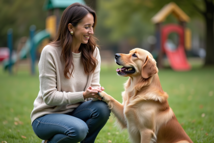 Femme caressant son chien dans un parc suburbain