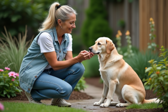 Femme donnant un médicament à son chien dans le jardin