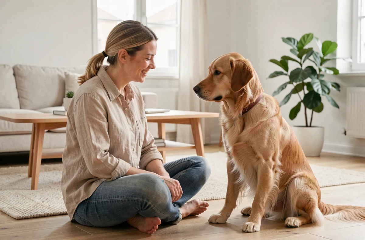 Femme souriante interagissant avec un golden retriever dans un salon moderne, illustrant le quiz sur les races de chiens adaptées à votre mode de vie