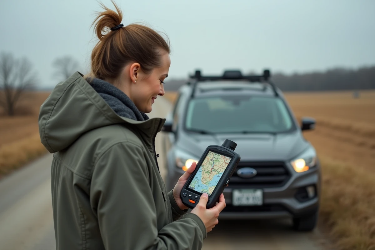 Femme utilisant un appareil GPS portable en milieu rural, illustrant la différence entre GPS et autres technologies de localisation