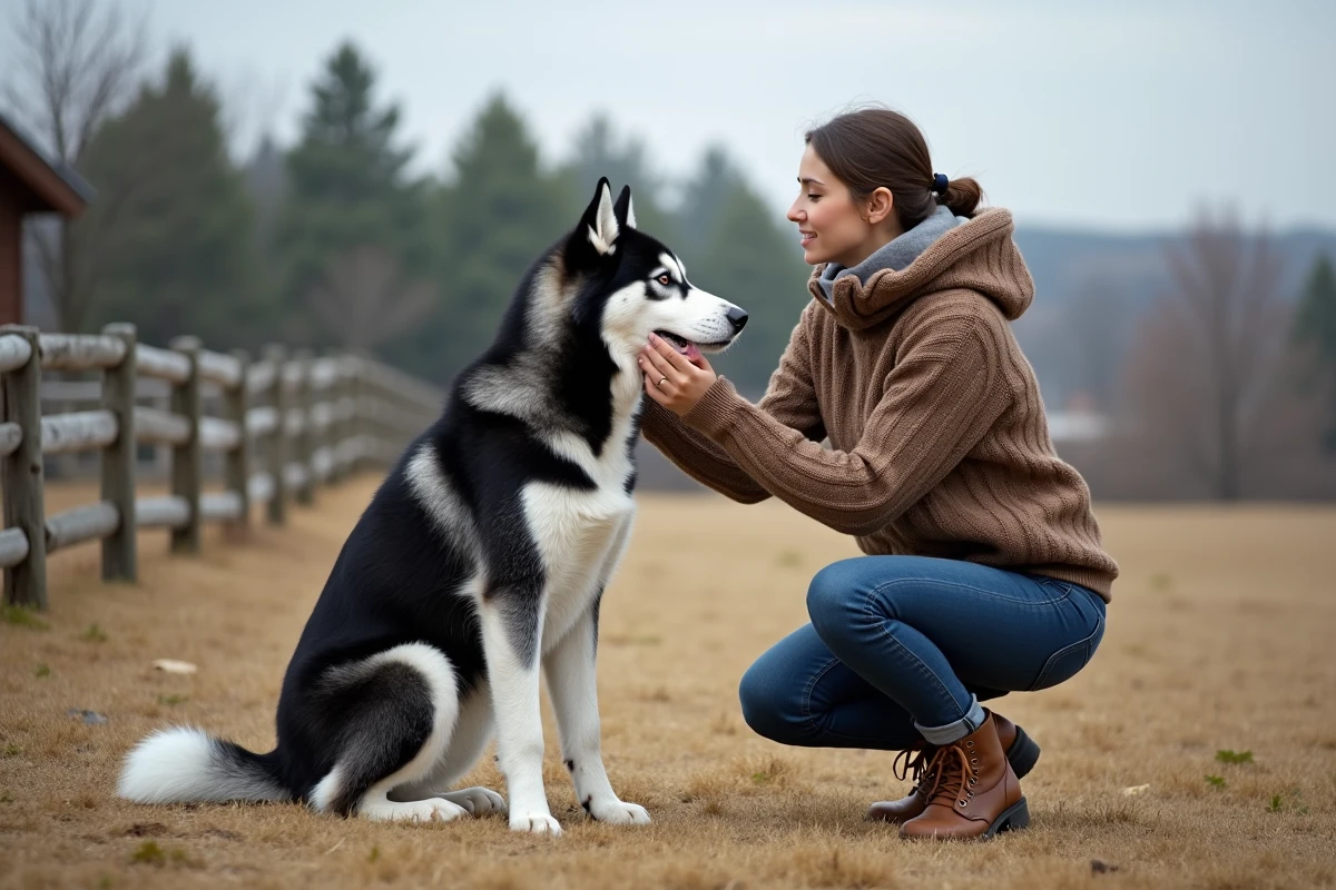 Jeune femme agenouillée avec un Husky sibérien noir et blanc dans un jardin rural en hiver, démontrant le lien famille-chien