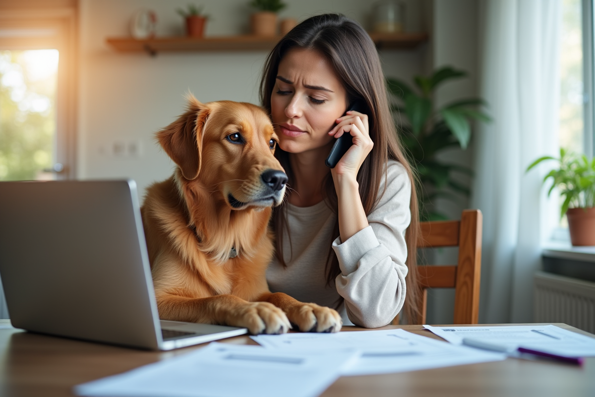 Femme inquiète au téléphone avec son chien dans la cuisine