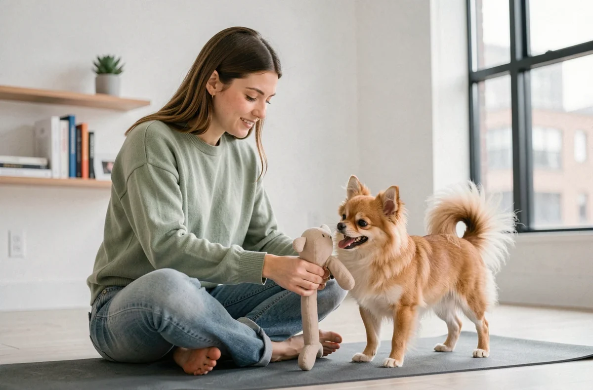 Femme jouant calmement avec son spitz chiwawa dans un salon d'appartement lumineux